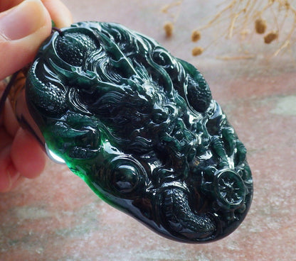 Atestita Glacia Blua Akvo Verda Birmo 100% Natura A Jado-jadeita Pendanta Drako-Perlo-Koliero 生意兴隆 637809 TN