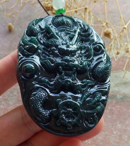 Atestita Glacia Blua Akvo Verda Birmo 100% Natura A Jado-jadeita Pendanta Drako-Perlo-Koliero 生意兴隆 637809 TN