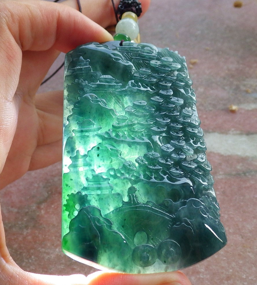 Atestita Glacia Blua Akvo Birmo 100% Natura A Jadejadeito Pendilo Pejzaĝa Pentrado Arba Koliero 山水画 637817 TN