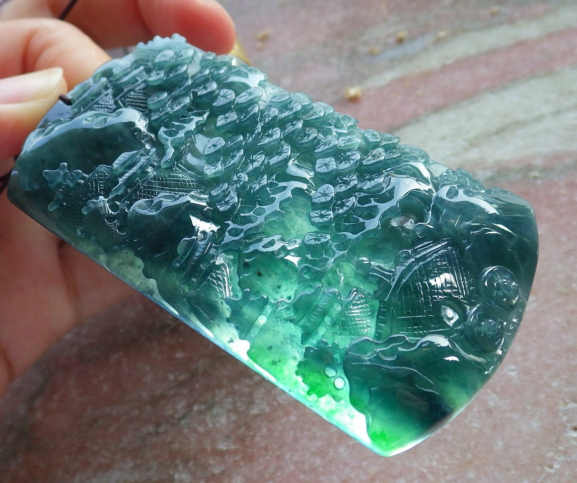 Atestita Glacia Blua Akvo Birmo 100% Natura A Jadejadeito Pendilo Pejzaĝa Pentrado Arba Koliero 山水画 637817 TN