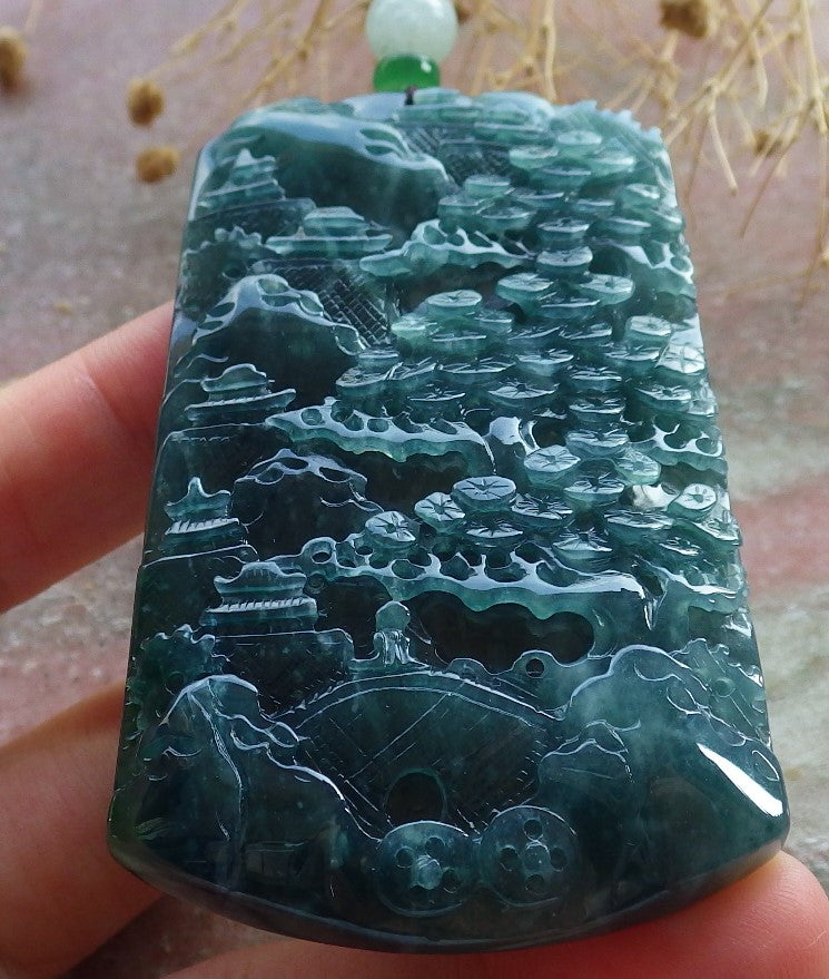 Atestita Glacia Blua Akvo Birmo 100% Natura A Jadejadeito Pendilo Pejzaĝa Pentrado Arba Koliero 山水画 637817 TN