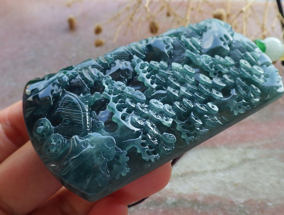 Atestita Glacia Blua Akvo Birmo 100% Natura A Jadejadeito Pendilo Pejzaĝa Pentrado Arba Koliero 山水画 637817 TN