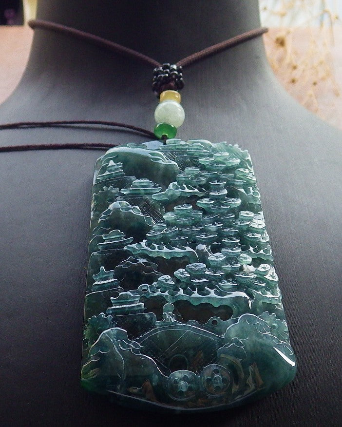 Atestita Glacia Blua Akvo Birmo 100% Natura A Jadejadeito Pendilo Pejzaĝa Pentrado Arba Koliero 山水画 637817 TN