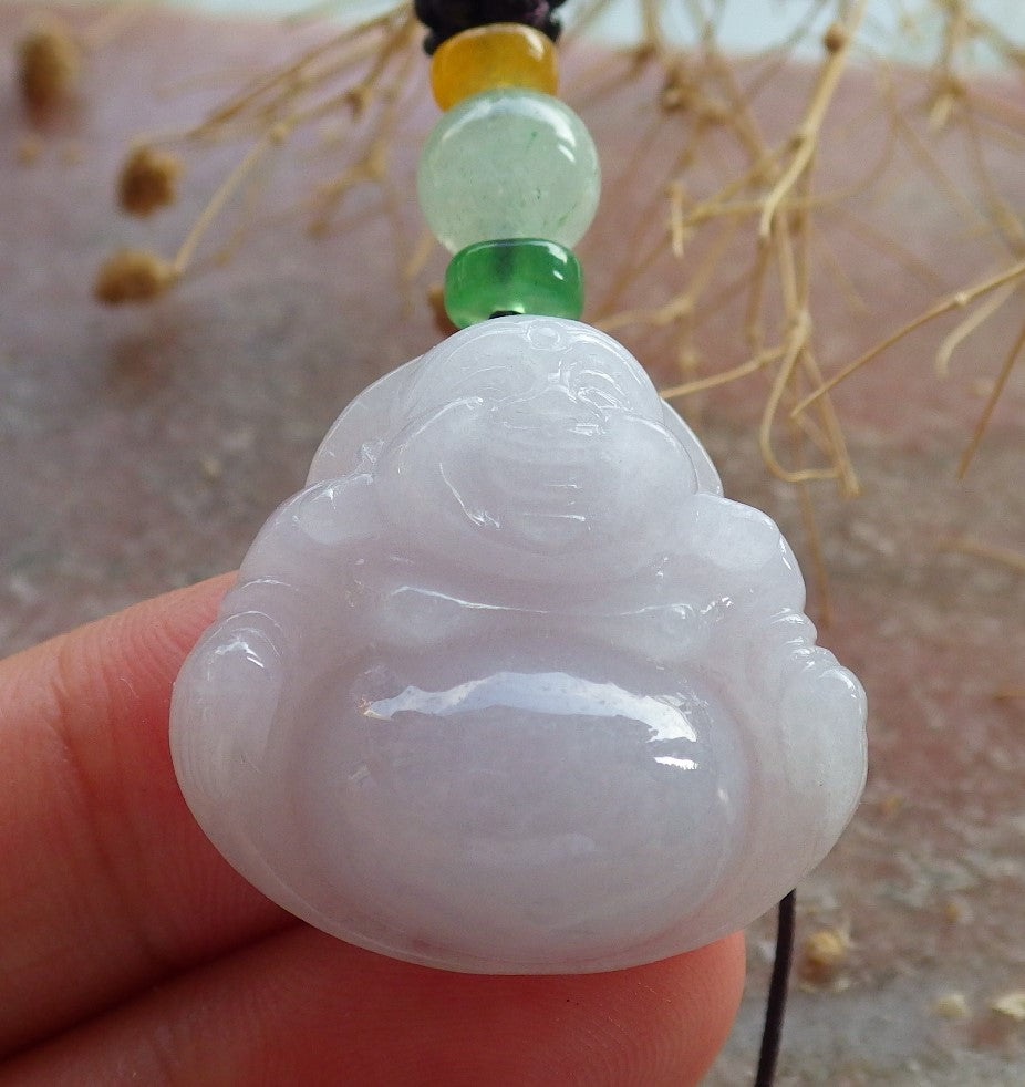 Certified Pale Lavender Burma 100% Natural A Jade jadeite pendant Happy Buddha God Necklace 佛公 637826  TN