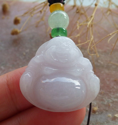Certified Pale Lavender Burma 100% Natural A Jade jadeite pendant Happy Buddha God Necklace 佛公 637826  TN