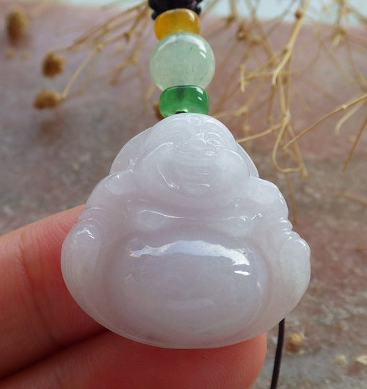 Certified Pale Lavender Burma 100% Natural A Jade jadeite pendant Happy Buddha God Necklace 佛公 637826  TN