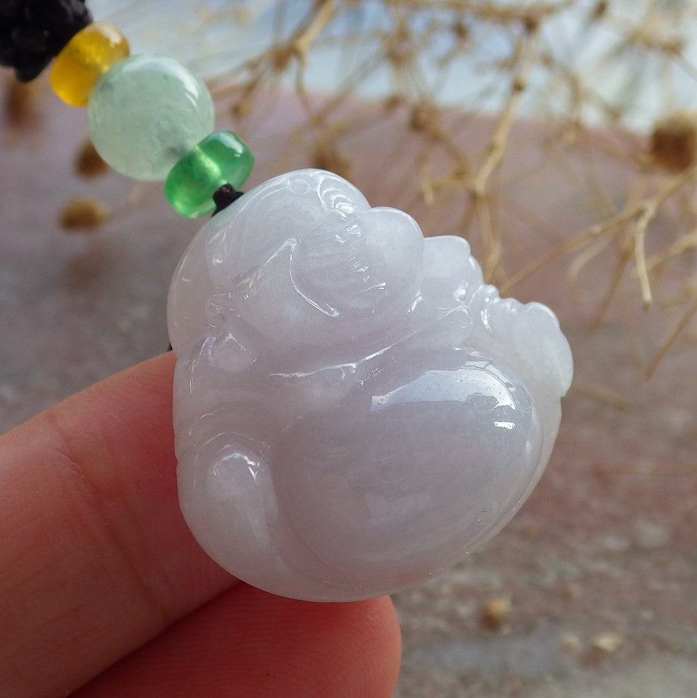Certified Pale Lavender Burma 100% Natural A Jade jadeite pendant Happy Buddha God Necklace 佛公 637826  TN