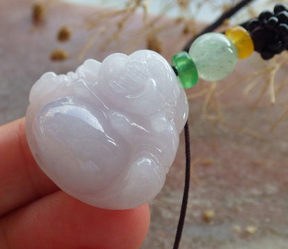Certified Pale Lavender Burma 100% Natural A Jade jadeite pendant Happy Buddha God Necklace 佛公 637826  TN