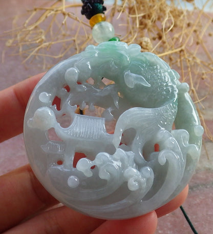 Certified Green Burma 100% Natural A Jade jadeite Pendant Dragon Fish Circle Necklace 鱼跃龙门 637850  TN