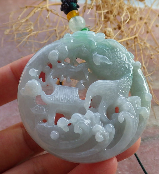 Certified Green Burma 100% Natural A Jade jadeite Pendant Dragon Fish Circle Necklace 鱼跃龙门 637850  TN