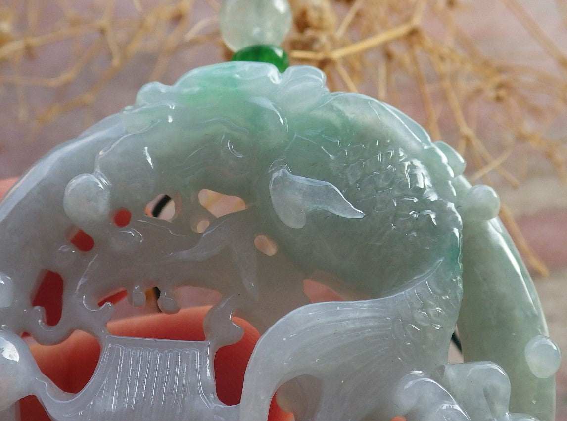 Certified Green Burma 100% Natural A Jade jadeite Pendant Dragon Fish Circle Necklace 鱼跃龙门 637850  TN