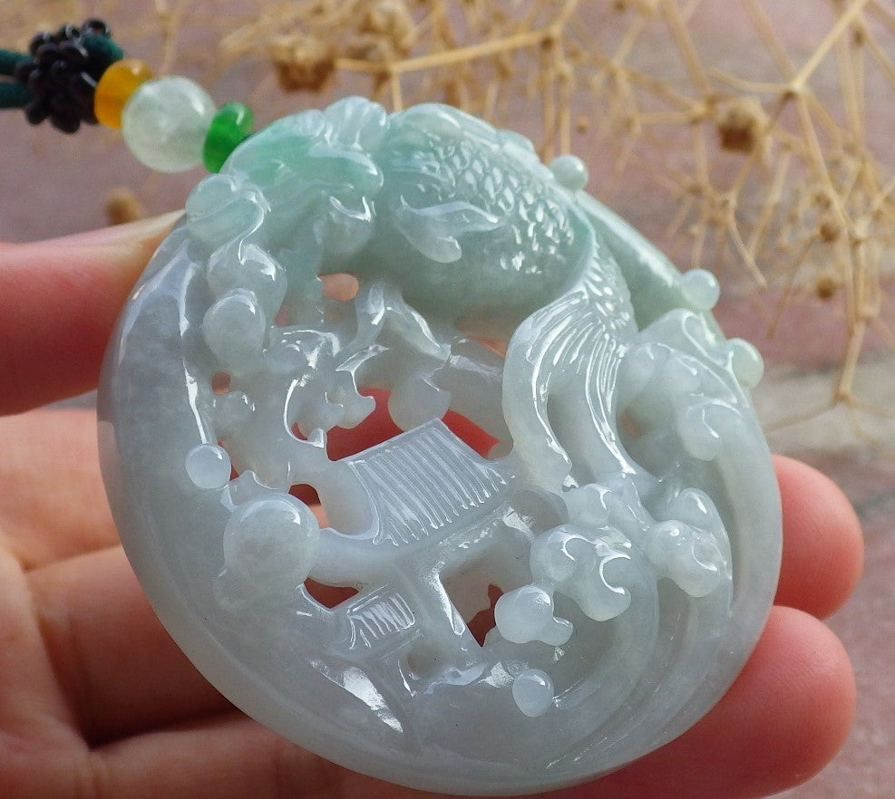 Certified Green Burma 100% Natural A Jade jadeite Pendant Dragon Fish Circle Necklace 鱼跃龙门 637850  TN