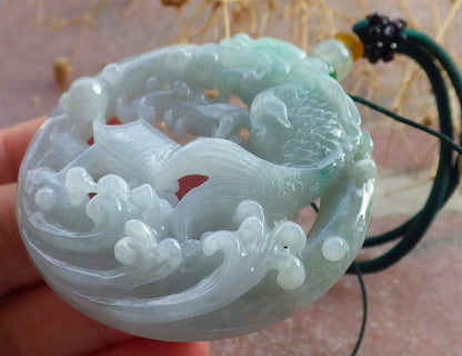 Certified Green Burma 100% Natural A Jade jadeite Pendant Dragon Fish Circle Necklace 鱼跃龙门 637850  TN