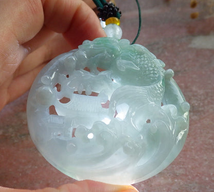 Certified Green Burma 100% Natural A Jade jadeite Pendant Dragon Fish Circle Necklace 鱼跃龙门 637850  TN