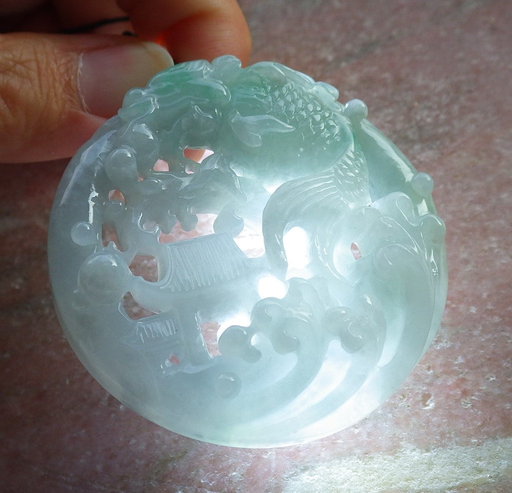Certified Green Burma 100% Natural A Jade jadeite Pendant Dragon Fish Circle Necklace 鱼跃龙门 637850  TN