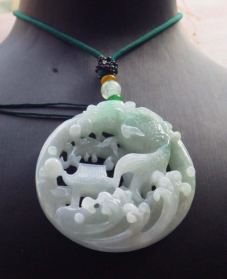 Certified Green Burma 100% Natural A Jade jadeite Pendant Dragon Fish Circle Necklace 鱼跃龙门 637850  TN