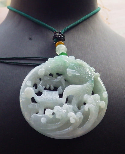 Certified Green Burma 100% Natural A Jade jadeite Pendant Dragon Fish Circle Necklace 鱼跃龙门 637850  TN