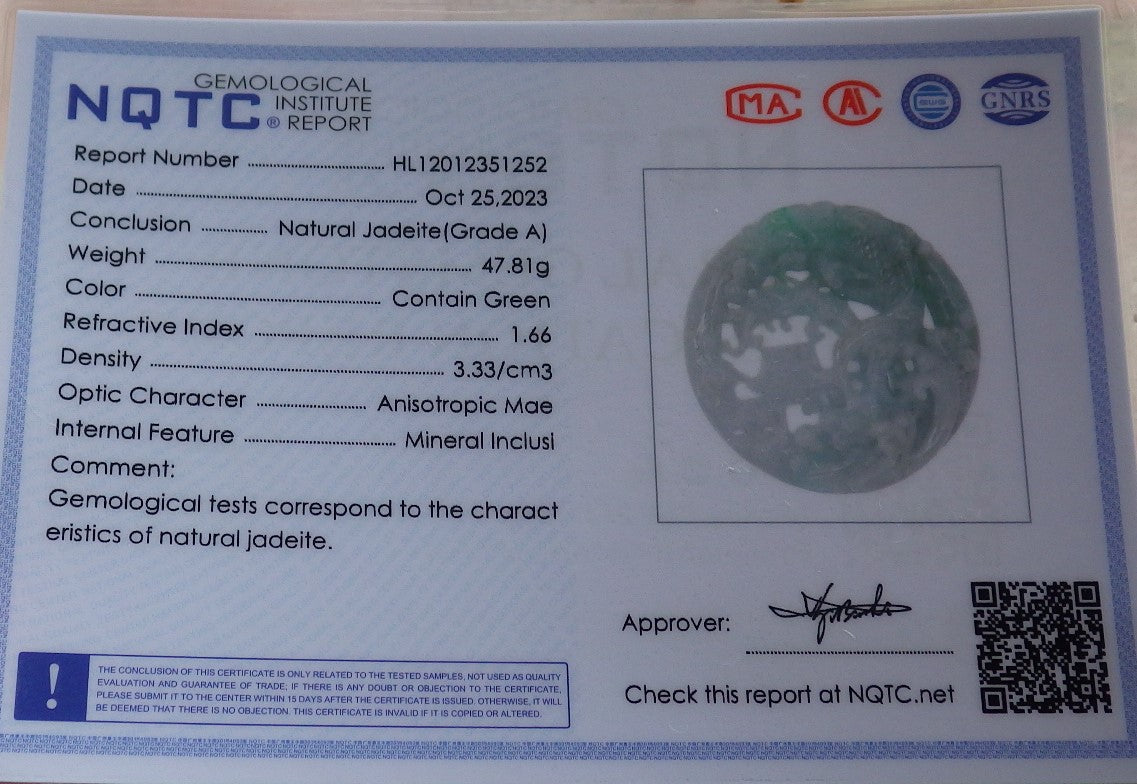 Certified Green Burma 100% Natural A Jade jadeite Pendant Dragon Fish Circle Necklace 鱼跃龙门 637850  TN