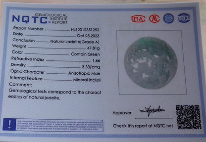 Certified Green Burma 100% Natural A Jade jadeite Pendant Dragon Fish Circle Necklace 鱼跃龙门 637850  TN