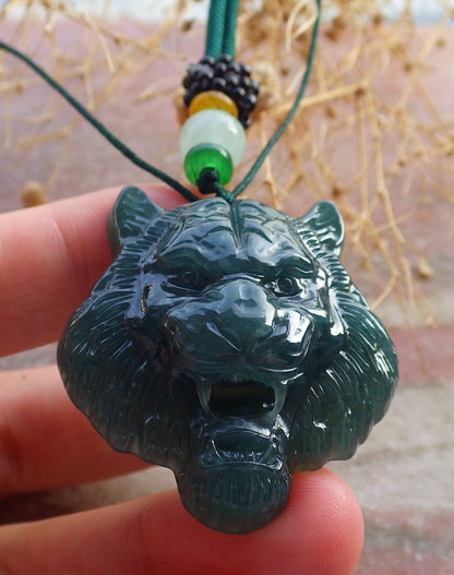 Certified Icy Green Burma 100% Natural A Jade jadeite Pendant Tiger Head Necklace 虎虎生威 637880  TN