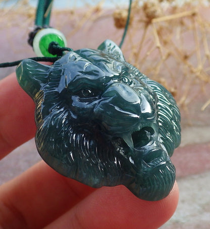 Certified Icy Green Burma 100% Natural A Jade jadeite Pendant Tiger Head Necklace 虎虎生威 637880  TN