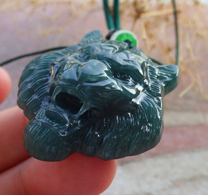 Certified Icy Green Burma 100% Natural A Jade jadeite Pendant Tiger Head Necklace 虎虎生威 637880  TN