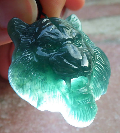 Certified Icy Green Burma 100% Natural A Jade jadeite Pendant Tiger Head Necklace 虎虎生威 637880  TN