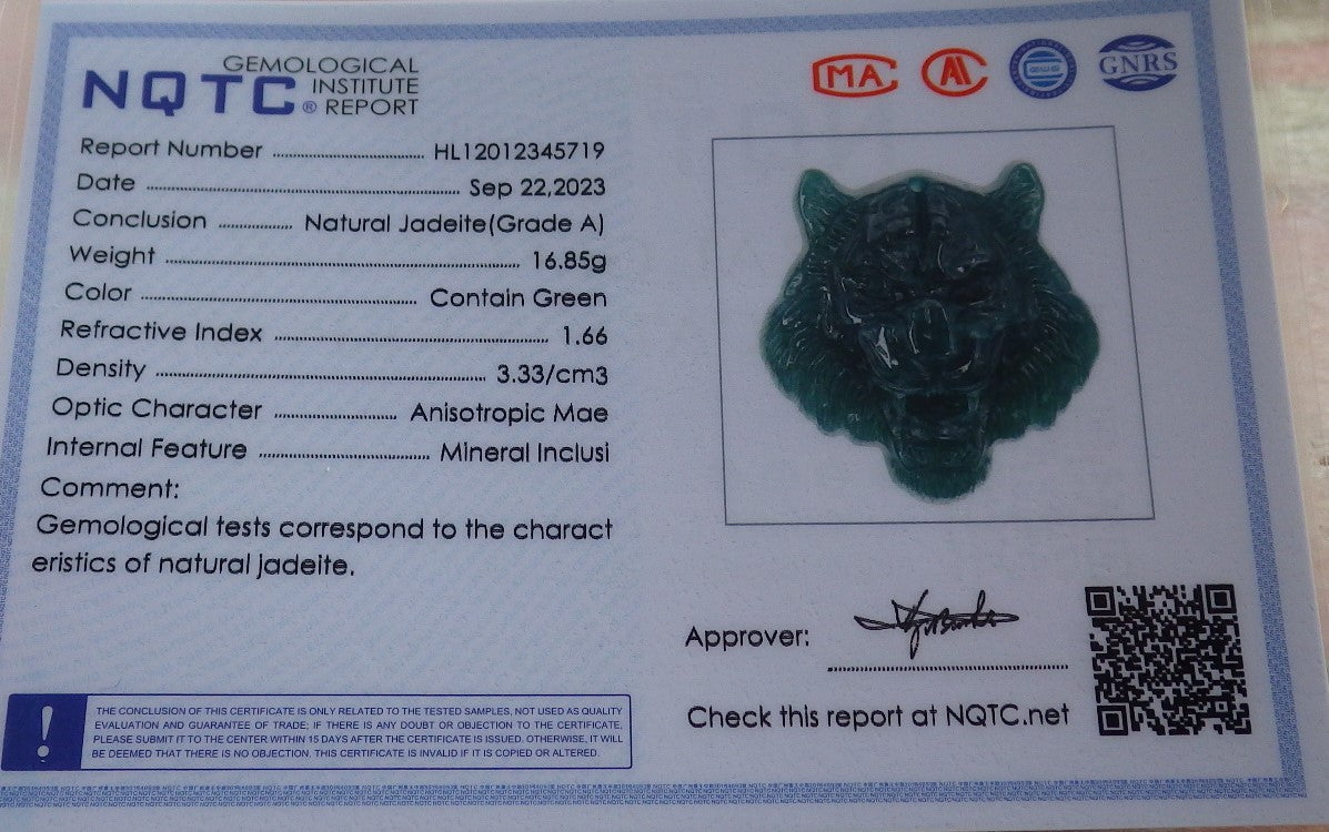 Certified Icy Green Burma 100% Natural A Jade jadeite Pendant Tiger Head Necklace 虎虎生威 637880  TN
