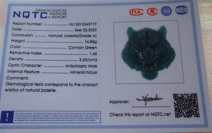 Certified Icy Green Burma 100% Natural A Jade jadeite Pendant Tiger Head Necklace 虎虎生威 637880  TN