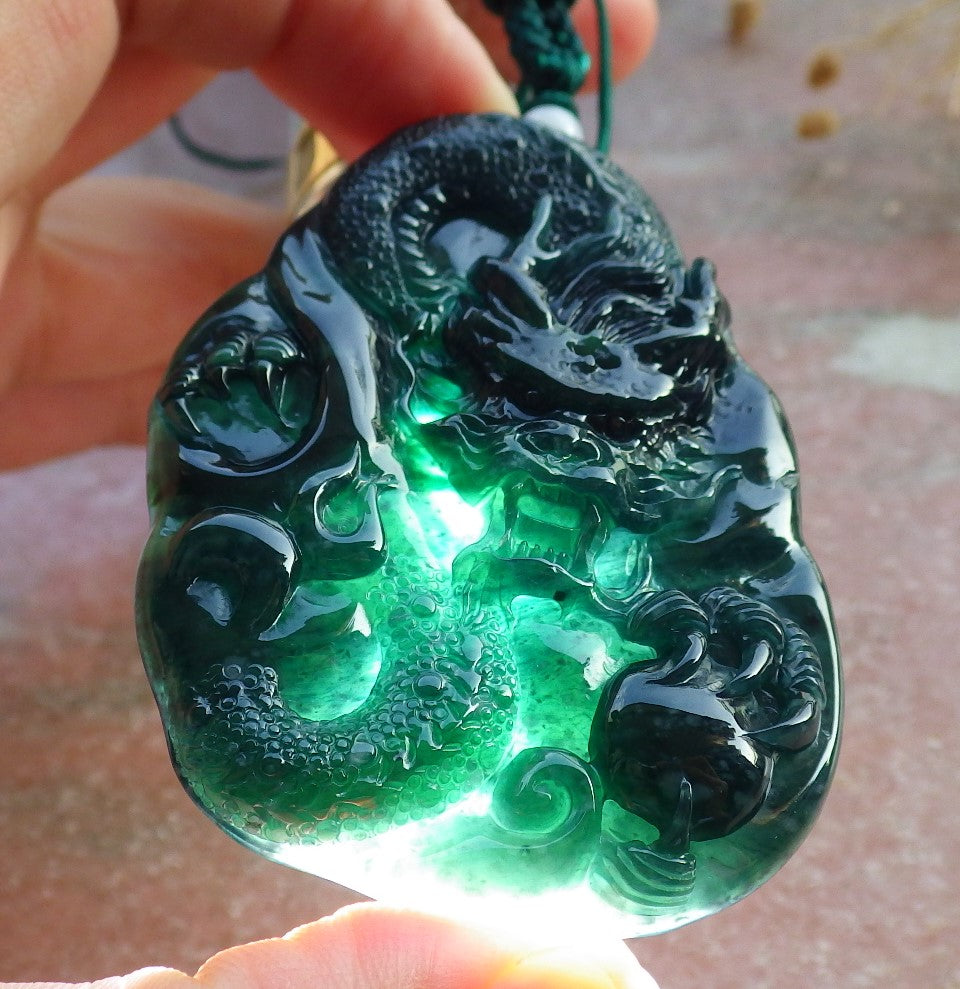 Atestita Glacia Blua Akvo Verda Birmo 100% Natura A Jadejadeita Pendanta Drako-Perlo-Koliero 生意兴隆 637906 TN