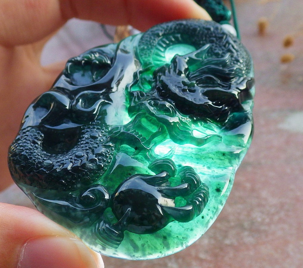 Atestita Glacia Blua Akvo Verda Birmo 100% Natura A Jadejadeita Pendanta Drako-Perlo-Koliero 生意兴隆 637906 TN