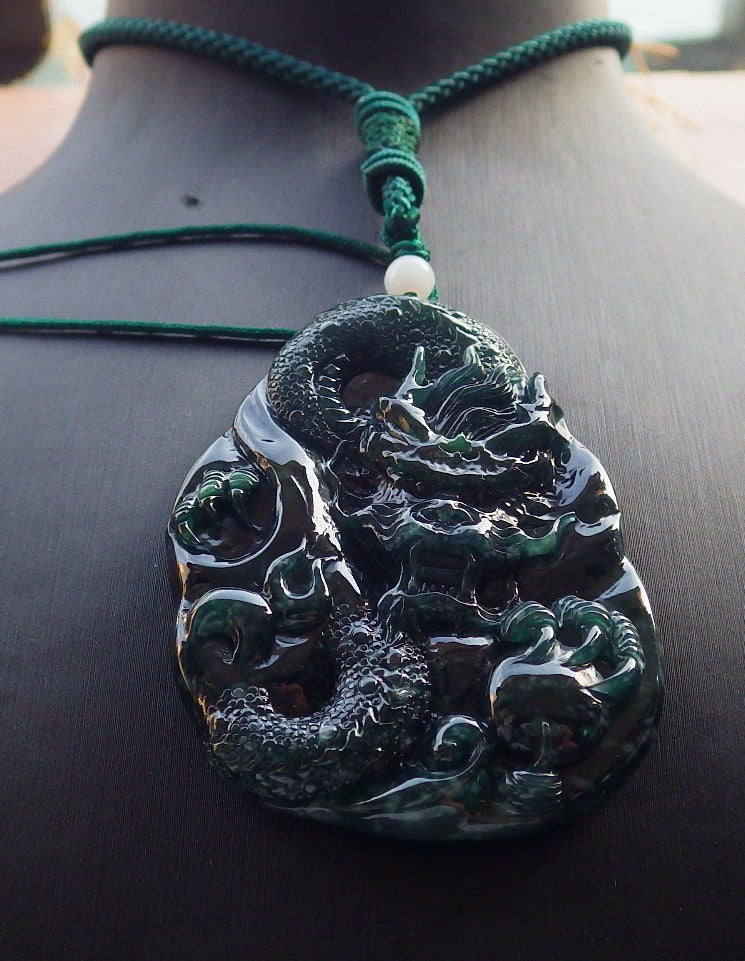 Atestita Glacia Blua Akvo Verda Birmo 100% Natura A Jadejadeita Pendanta Drako-Perlo-Koliero 生意兴隆 637906 TN