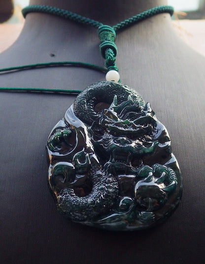 Atestita Glacia Blua Akvo Verda Birmo 100% Natura A Jadejadeita Pendanta Drako-Perlo-Koliero 生意兴隆 637906 TN