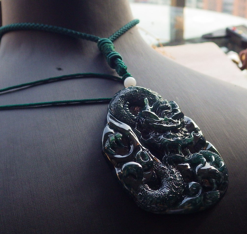 Atestita Glacia Blua Akvo Verda Birmo 100% Natura A Jadejadeita Pendanta Drako-Perlo-Koliero 生意兴隆 637906 TN