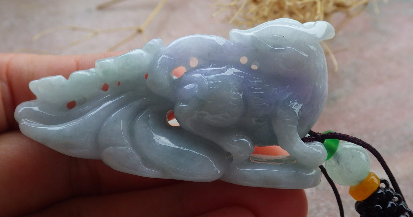 Certified Lavender Green Burma 100% Natural A Jade jadeite Pendant Fox Flower Coin Necklace 狐狸 638159  TN