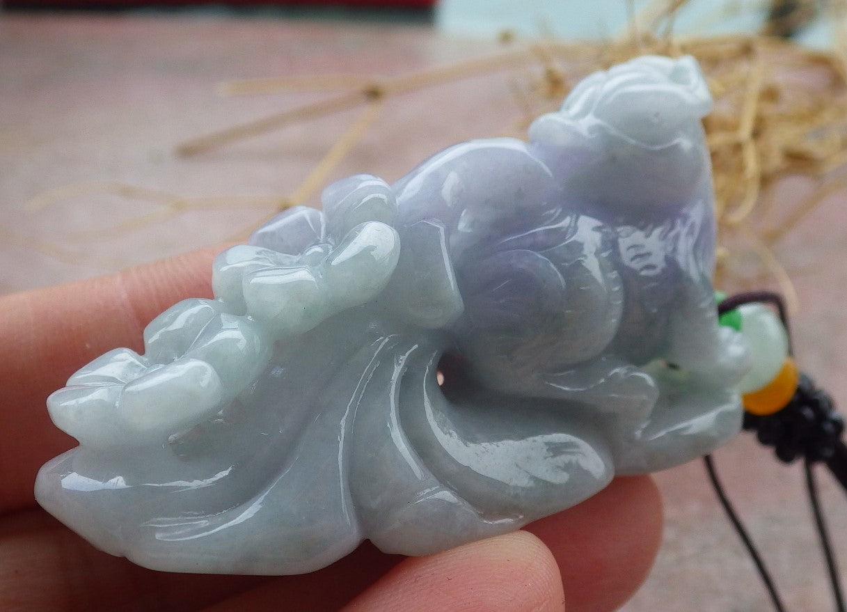 Certified Lavender Green Burma 100% Natural A Jade jadeite Pendant Fox Flower Coin Necklace 狐狸 638159  TN