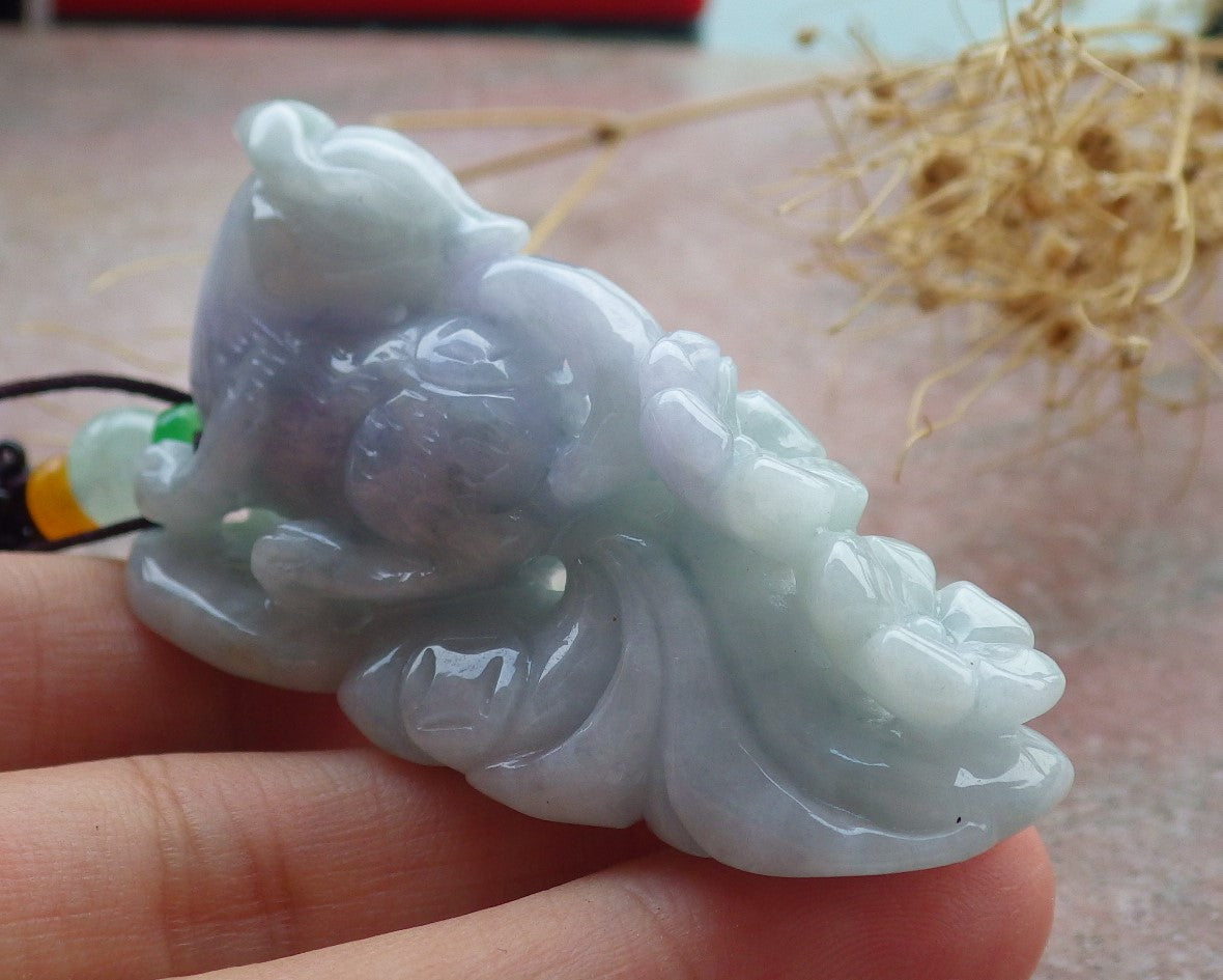 Certified Lavender Green Burma 100% Natural A Jade jadeite Pendant Fox Flower Coin Necklace 狐狸 638159  TN