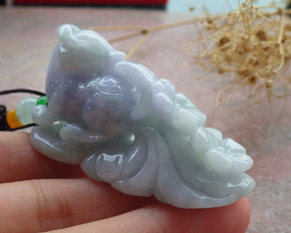 Certified Lavender Green Burma 100% Natural A Jade jadeite Pendant Fox Flower Coin Necklace 狐狸 638159  TN