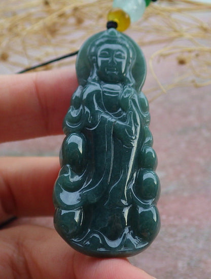 Certified Green Burma 100% Natural A Jade jadeite Pendant Guanyin Kwan Yin Necklace 观音 638756  TN