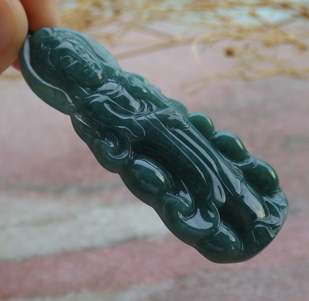 Certified Green Burma 100% Natural A Jade jadeite Pendant Guanyin Kwan Yin Necklace 观音 638756  TN