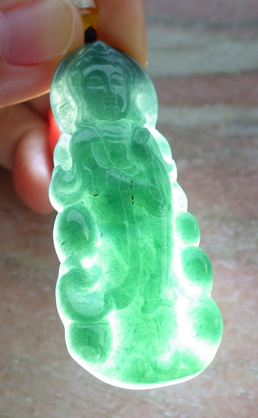 Certified Green Burma 100% Natural A Jade jadeite Pendant Guanyin Kwan Yin Necklace 观音 638756  TN