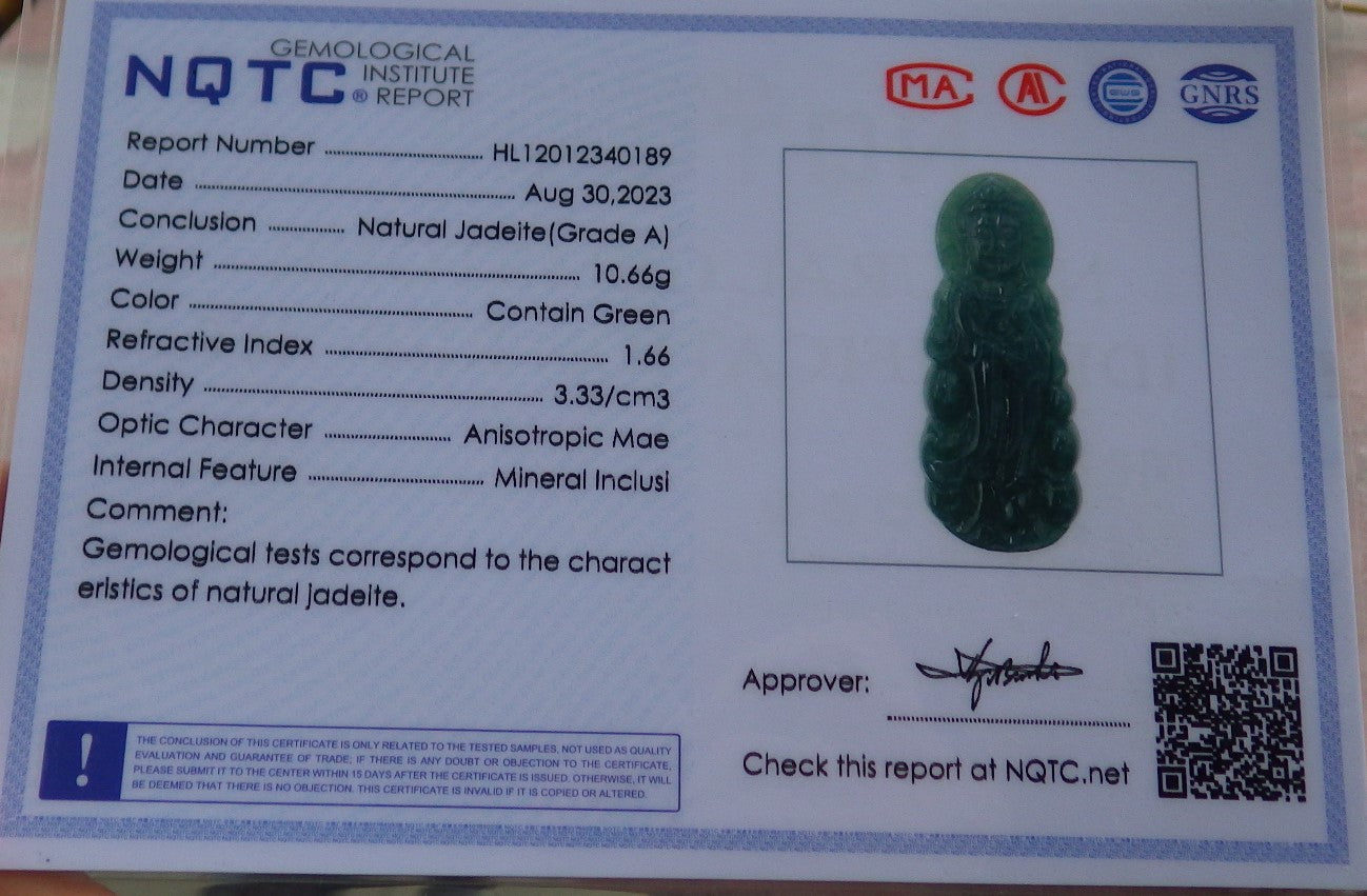 Certified Green Burma 100% Natural A Jade jadeite Pendant Guanyin Kwan Yin Necklace 观音 638756  TN