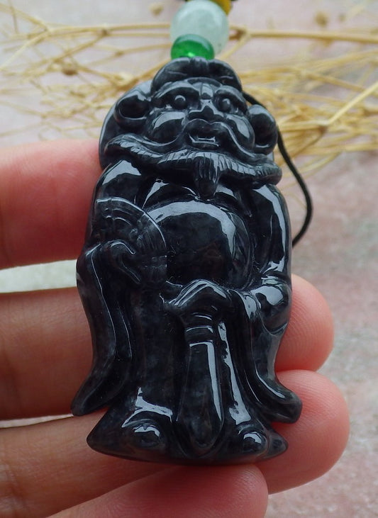 Certified Black Burma 100% Natural A Jade jadeite pendant Zhong Kui God Sword Fan Necklace 钟馗 638792  TN