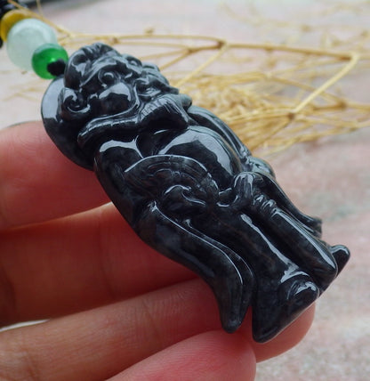 Certified Black Burma 100% Natural A Jade jadeite pendant Zhong Kui God Sword Fan Necklace 钟馗 638792  TN
