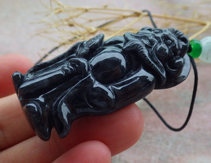 Certified Black Burma 100% Natural A Jade jadeite pendant Zhong Kui God Sword Fan Necklace 钟馗 638792  TN