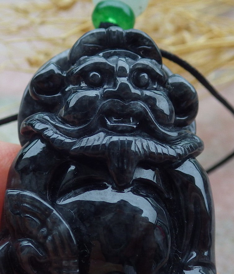 Certified Black Burma 100% Natural A Jade jadeite pendant Zhong Kui God Sword Fan Necklace 钟馗 638792  TN