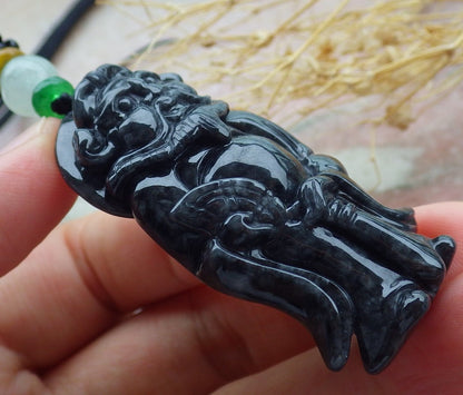 Certified Black Burma 100% Natural A Jade jadeite pendant Zhong Kui God Sword Fan Necklace 钟馗 638792  TN