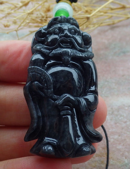Certified Black Burma 100% Natural A Jade jadeite pendant Zhong Kui God Sword Fan Necklace 钟馗 638800  TN