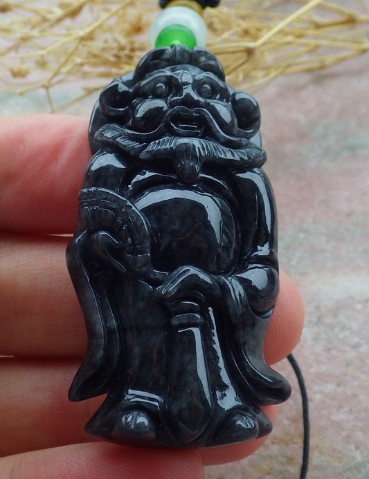Certified Black Burma 100% Natural A Jade jadeite pendant Zhong Kui God Sword Fan Necklace 钟馗 638800  TN