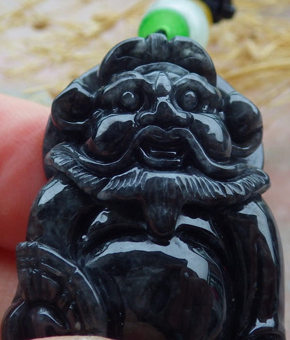 Certified Black Burma 100% Natural A Jade jadeite pendant Zhong Kui God Sword Fan Necklace 钟馗 638800  TN